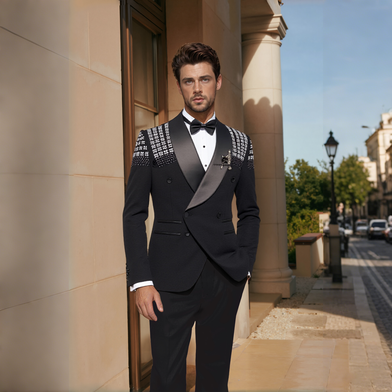 2 Pieces Men Tuxedo Suit with Rhinestones Shawl Lapel Blazer Slim Jacket Pants Set for Wedding,Prom,Party,Dinner