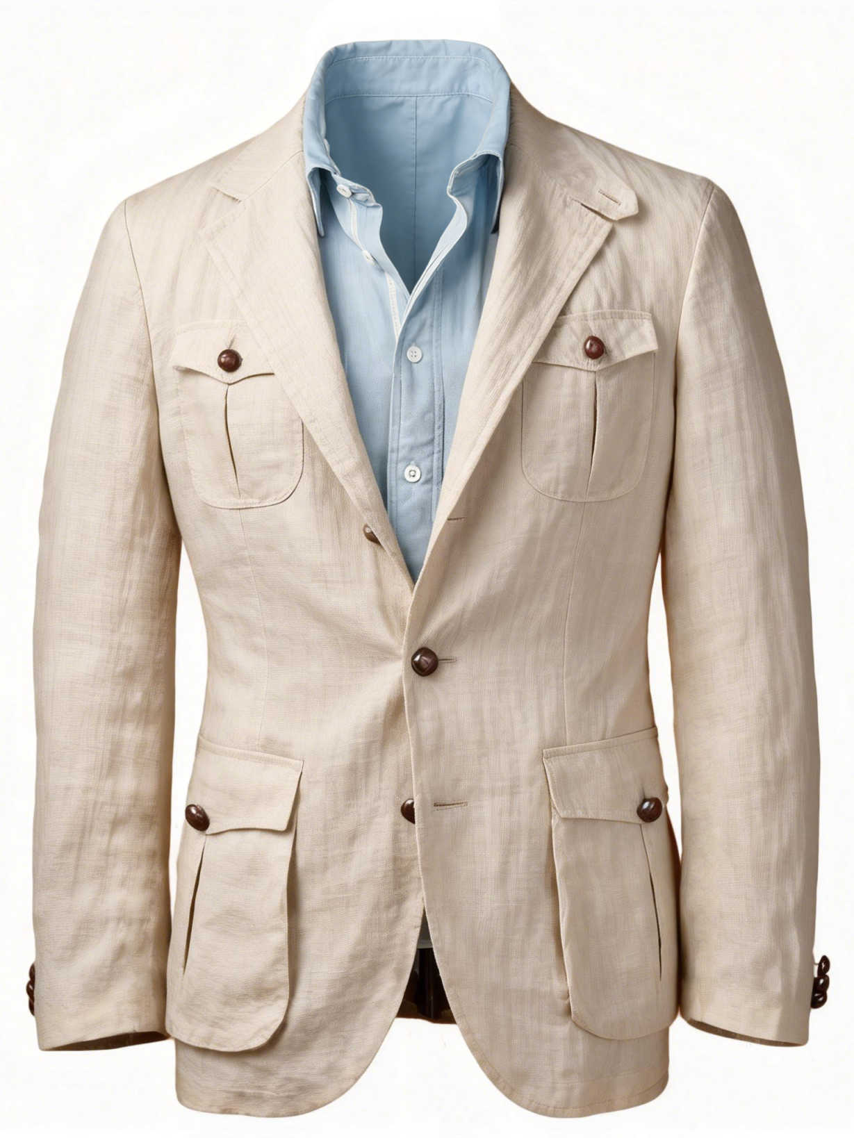 Men's 2 Colors Linen Safari Blazer, Multi Patch Pockets Notch Lapel Breathable Summer Casual Sport Coat