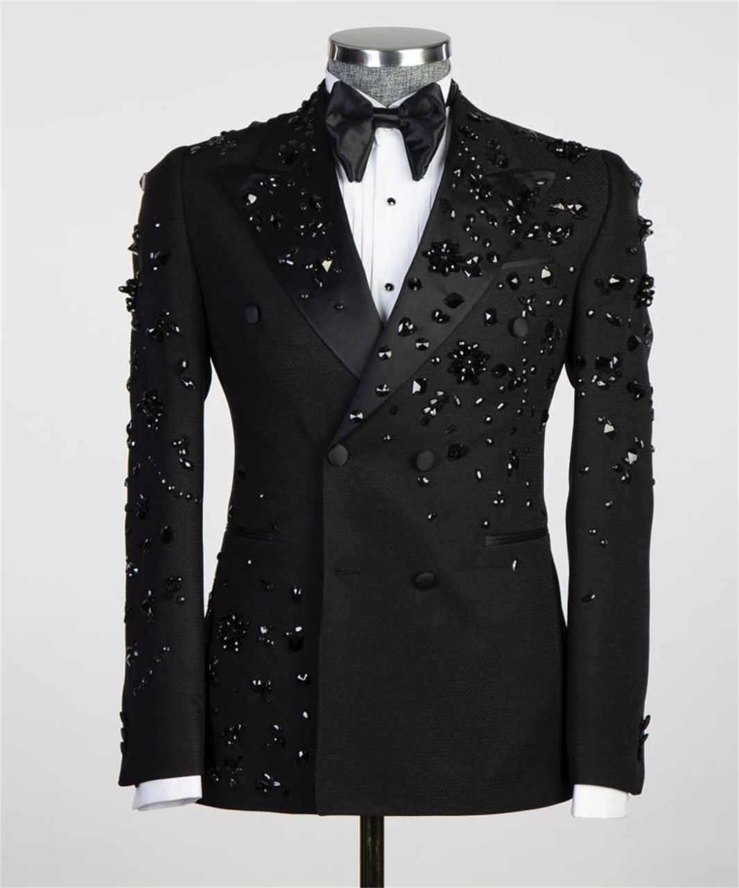 Luxury Men's 2 Piece Suit Slim Fit Double Breasted Beads Crystal Party Wedding Tuxedo Suits Blazer Jacket Pants Set