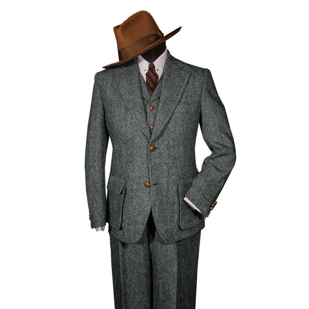 Men's Vintage Grey Herringbone Tweed 3 Piece Suit Wood Buttons Wide Notch Lapel