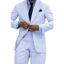 Chic Seersucker Men Suits Blue Striped Peak Lapel Casual Daily Outfits Wedding Party Business Summer Events Male Suit 2 Piece