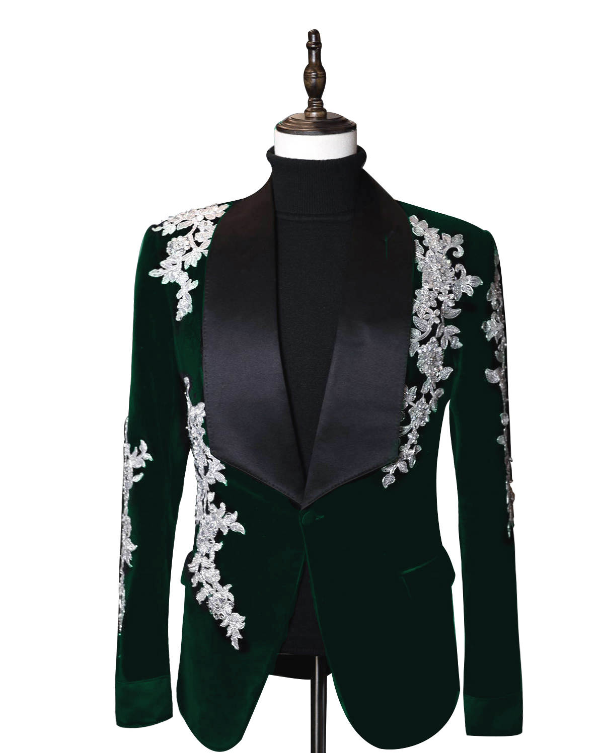 Luxury Dark Green Velvet Tuxedo Jacket, Handmade Silver Floral Rhinestone Embroidery Shawl Lapel Slim Fit Suit for Groom Wedding Host Gala Party