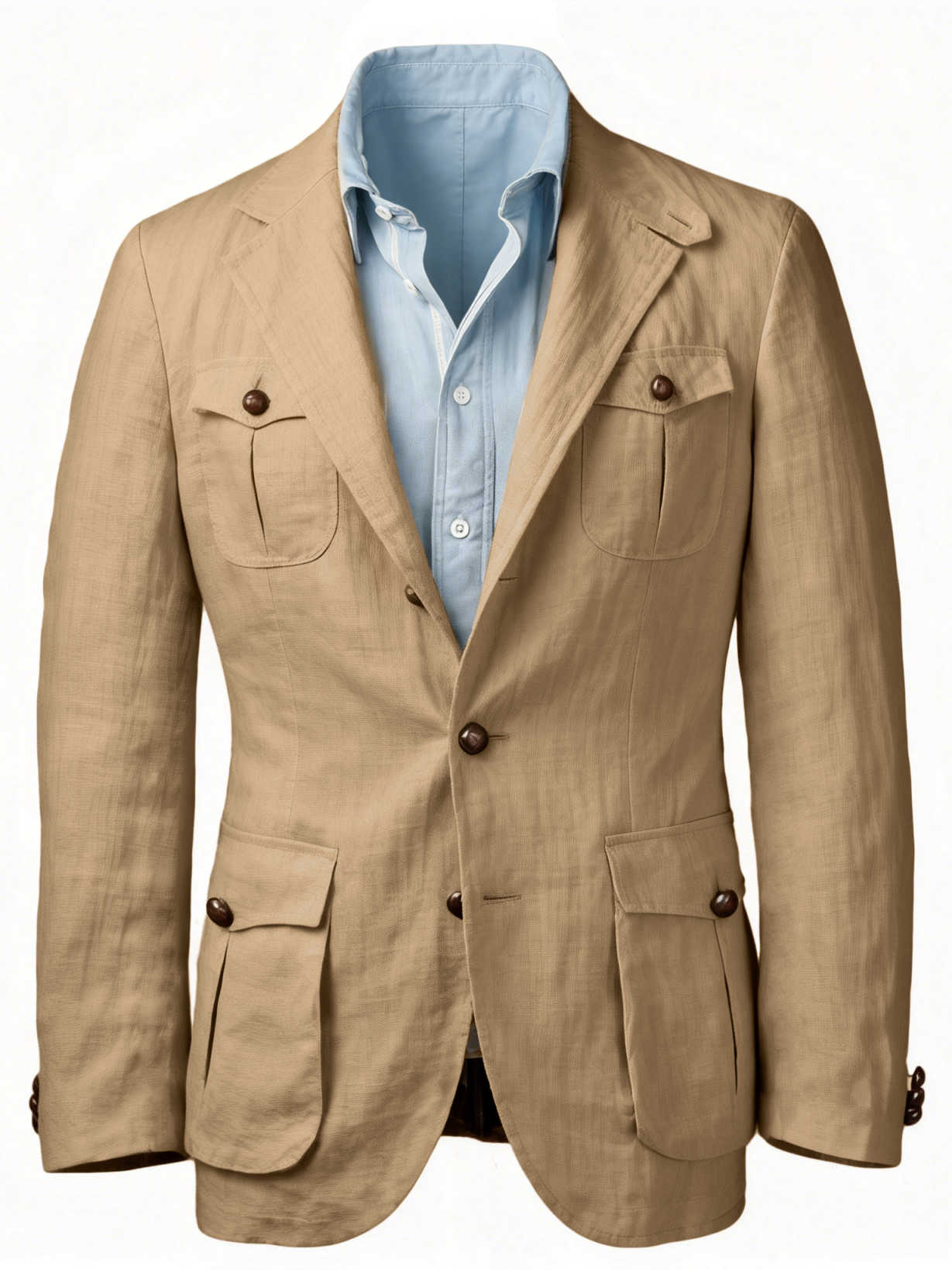 Men's 2 Colors Linen Safari Blazer, Multi Patch Pockets Notch Lapel Breathable Summer Casual Sport Coat