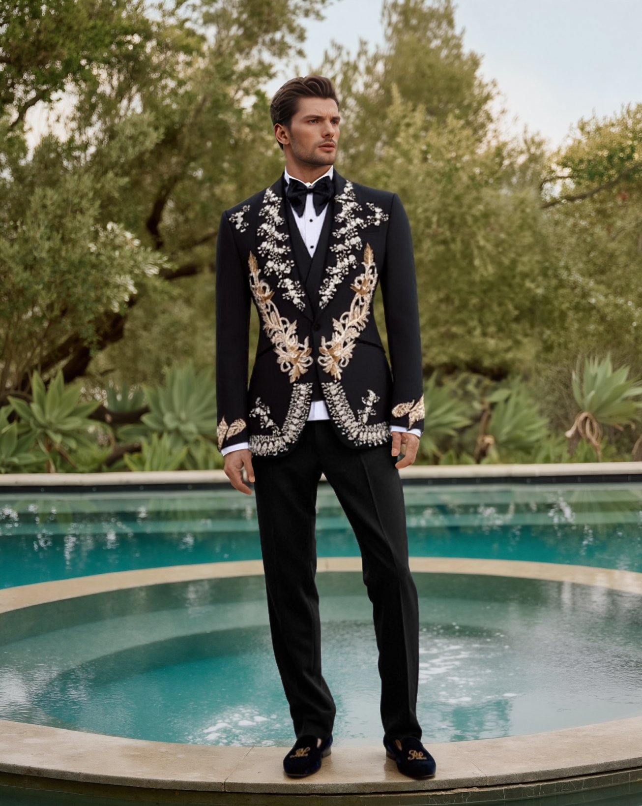 Men's Black Tuxedo with Flower Applique Beaded Tuxedo Slim Fit Shawl Lapel Blazer for Dinner Prom Wedding