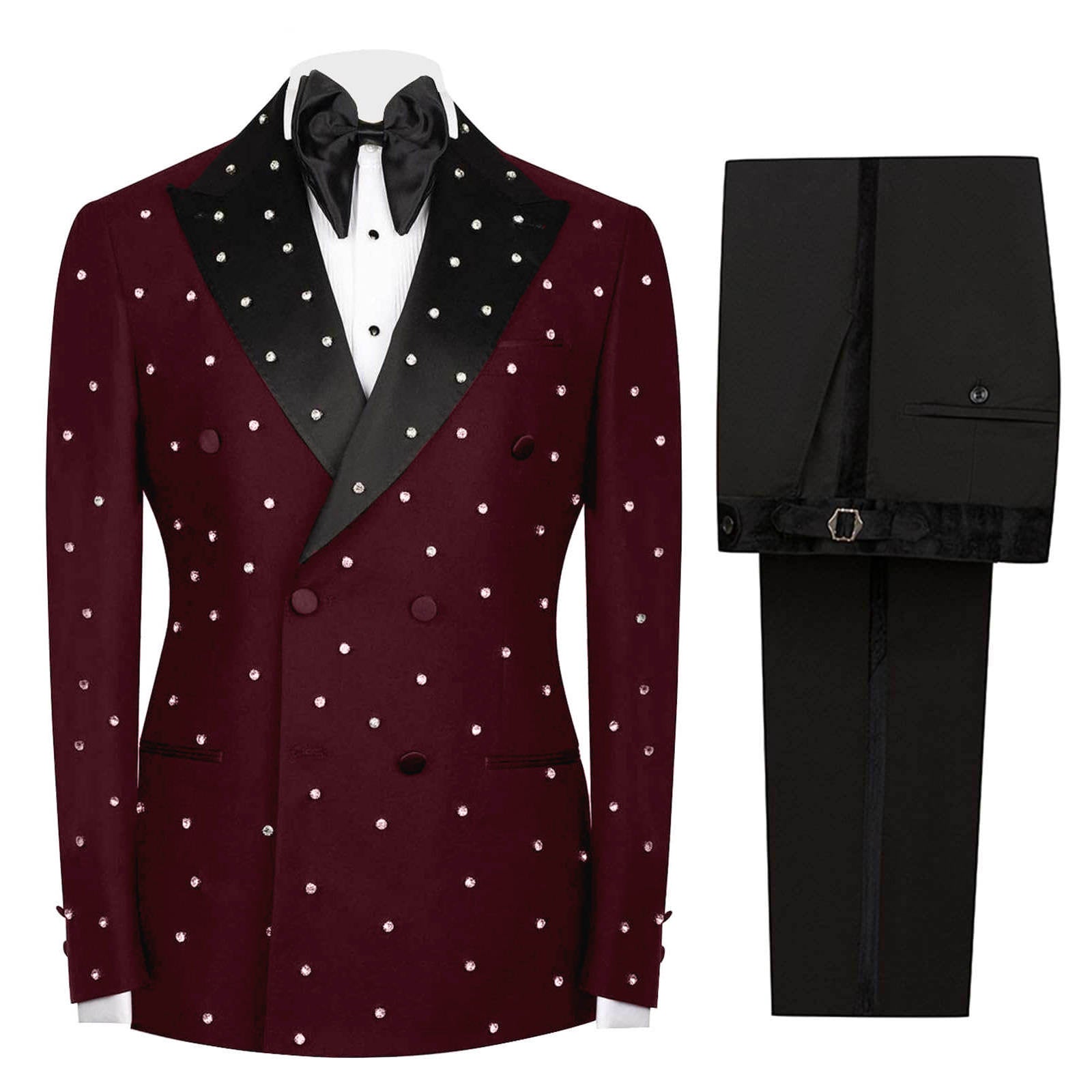 Mens 2 Pieces Suit Slim Fit Double Breasted Tuxedo Blazers Pants Outfit with Handmade Crystal Rhinestone