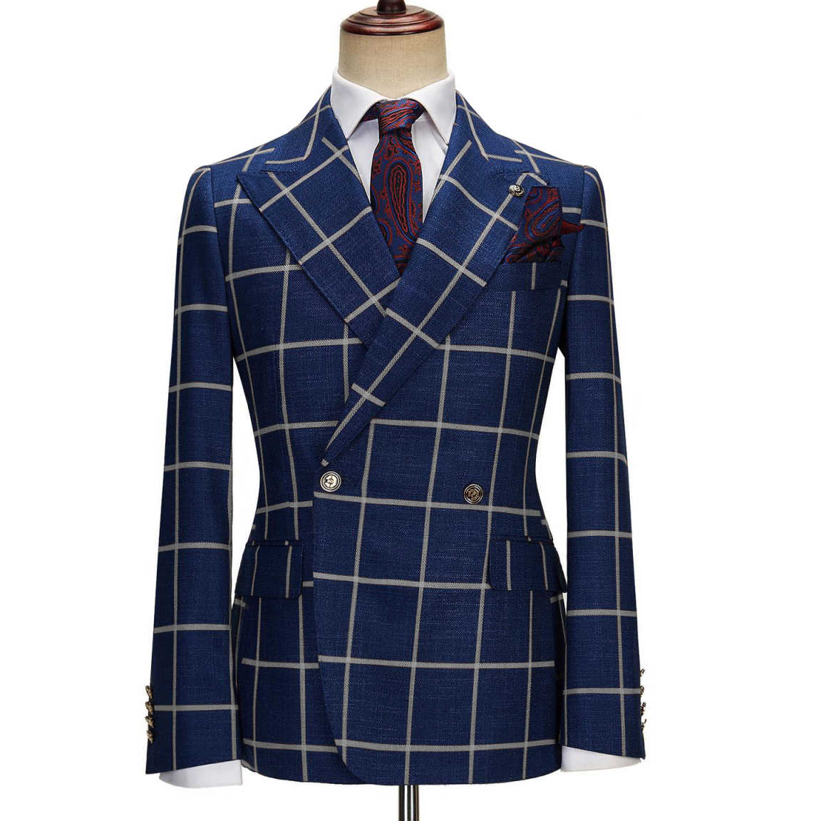 Men's Checked Blazer Peak Lapel Double Breasted Buttons Coat for Daily Business Trip
