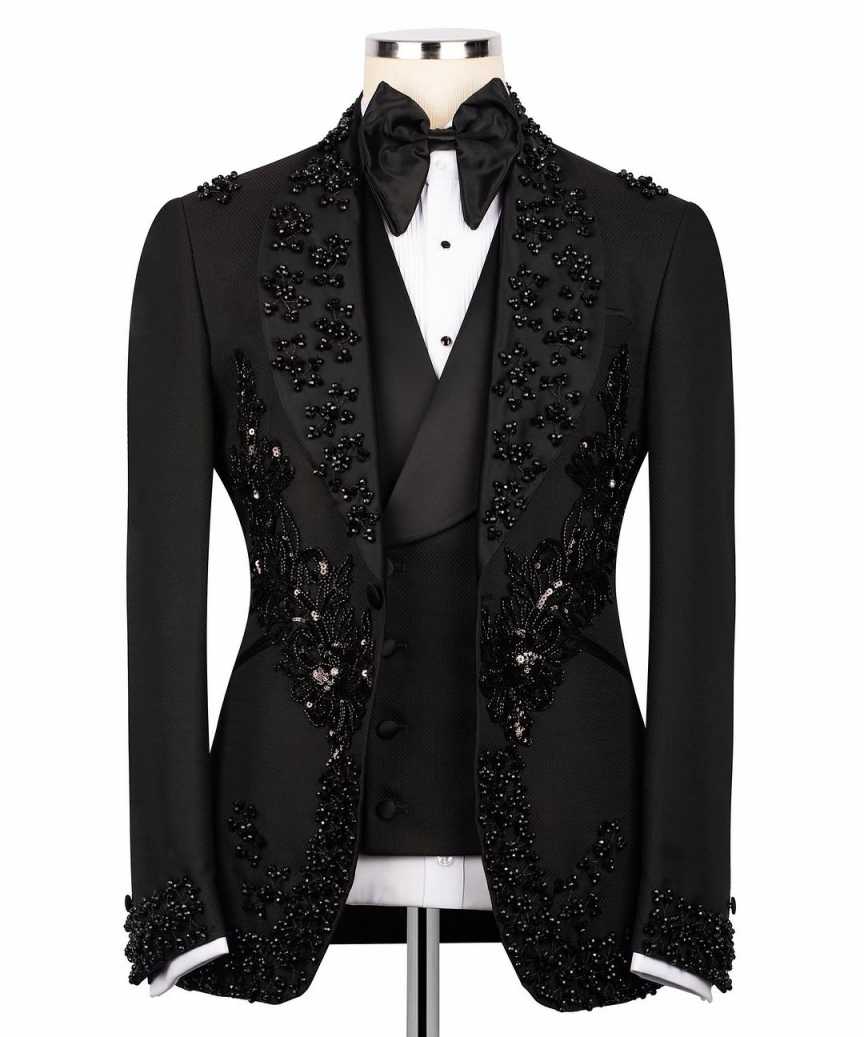 Men's Black Tuxedo with Flower Applique Beaded Tuxedo Slim Fit Shawl Lapel Blazer for Dinner Prom Wedding
