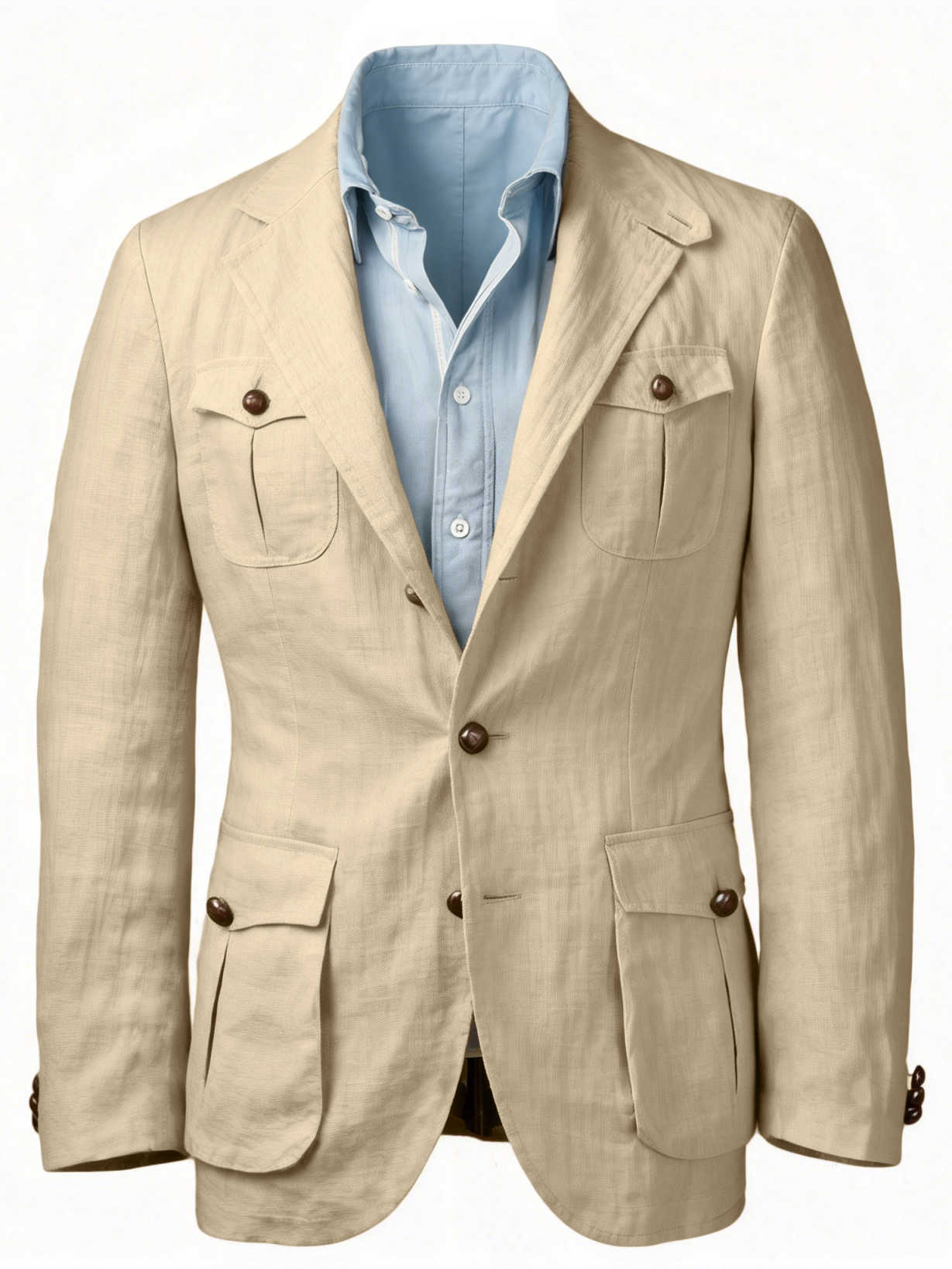 Men's 2 Colors Linen Safari Blazer, Multi Patch Pockets Notch Lapel Breathable Summer Casual Sport Coat