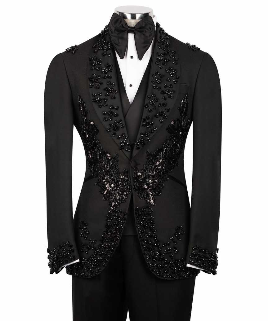 Men's Black Tuxedo with Flower Applique Beaded Tuxedo Slim Fit Shawl Lapel Blazer for Dinner Prom Wedding