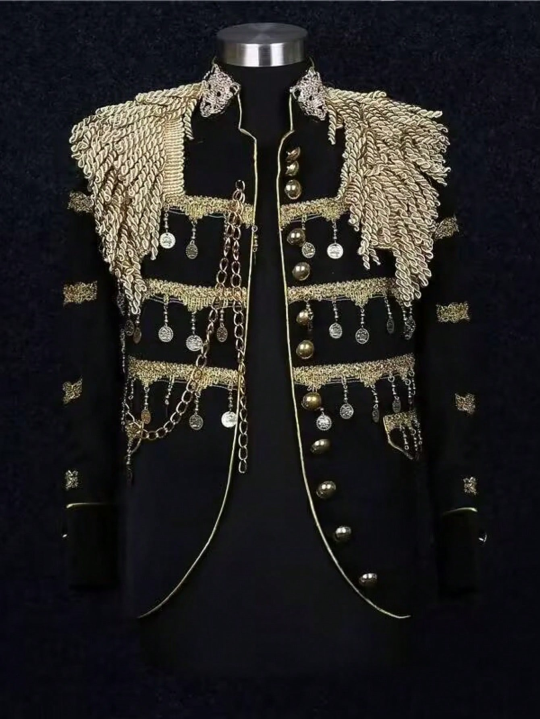 Mens Gold Tassels Stylish Suit Jacket Stand Collar Slim Fit Steampunk Gothic Vintage Uniform Man Suit