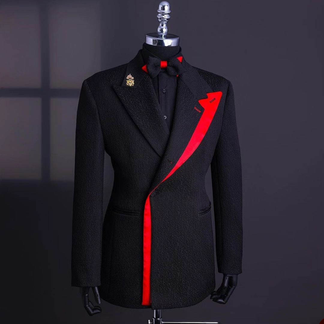 Men's Black Textured Tuxedo Jacket, Asymmetric Red Satin Peak Lapel Slim Formal Suit for Groom Wedding Host Banquet