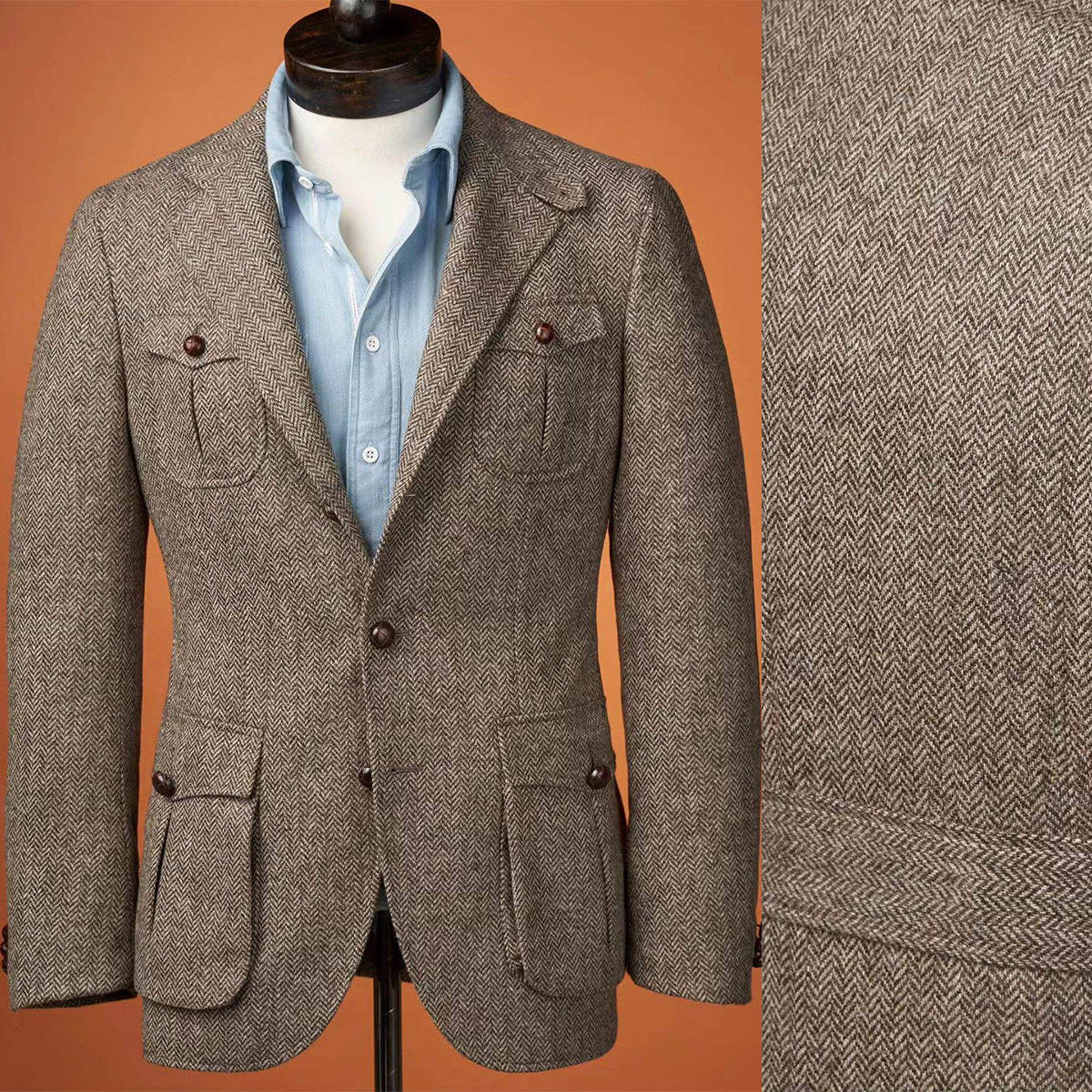Men's Herringbone Twill Wool Blend Norfolk Jacket, Single Breasted Slim Fit Retro British Casual Sport Coat for Grooms