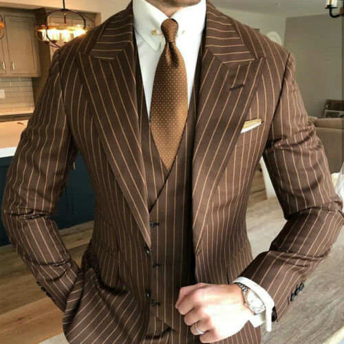 Fashion Mens Pants Suits Pin Striped 3 Pieces Wide Peak Lapel Business Wedding Tuxedos