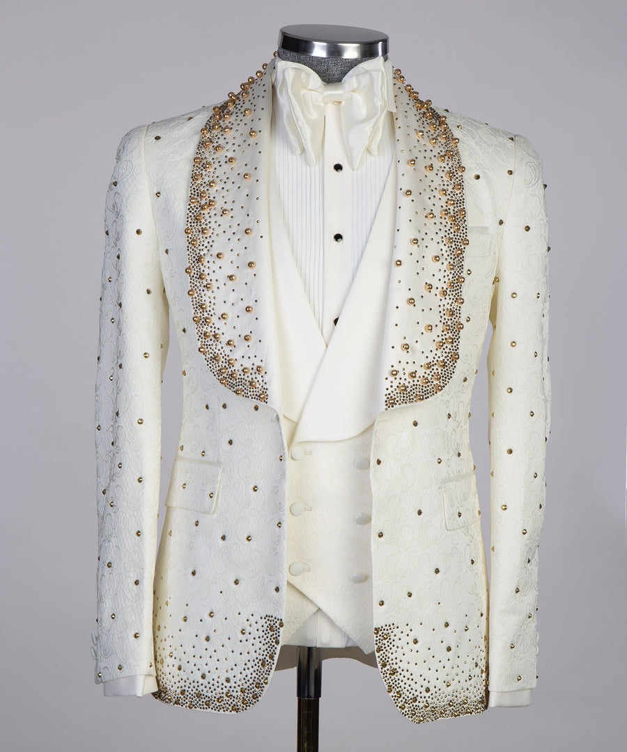 Men's Gradient Gold Beaded Velvet Shawl Lapel Tuxedo Jacket, Embossed Jacquard Slim Formal Blazer for Groom Stage Performance