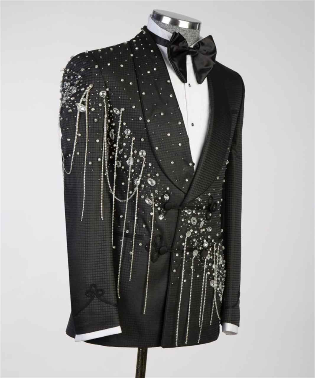 Slim Fit Black Men's Tailcoat Jacket, Handmade Rhinestones, Peak Lapel Double Breasted, Ideal for Evening Parties & Dances