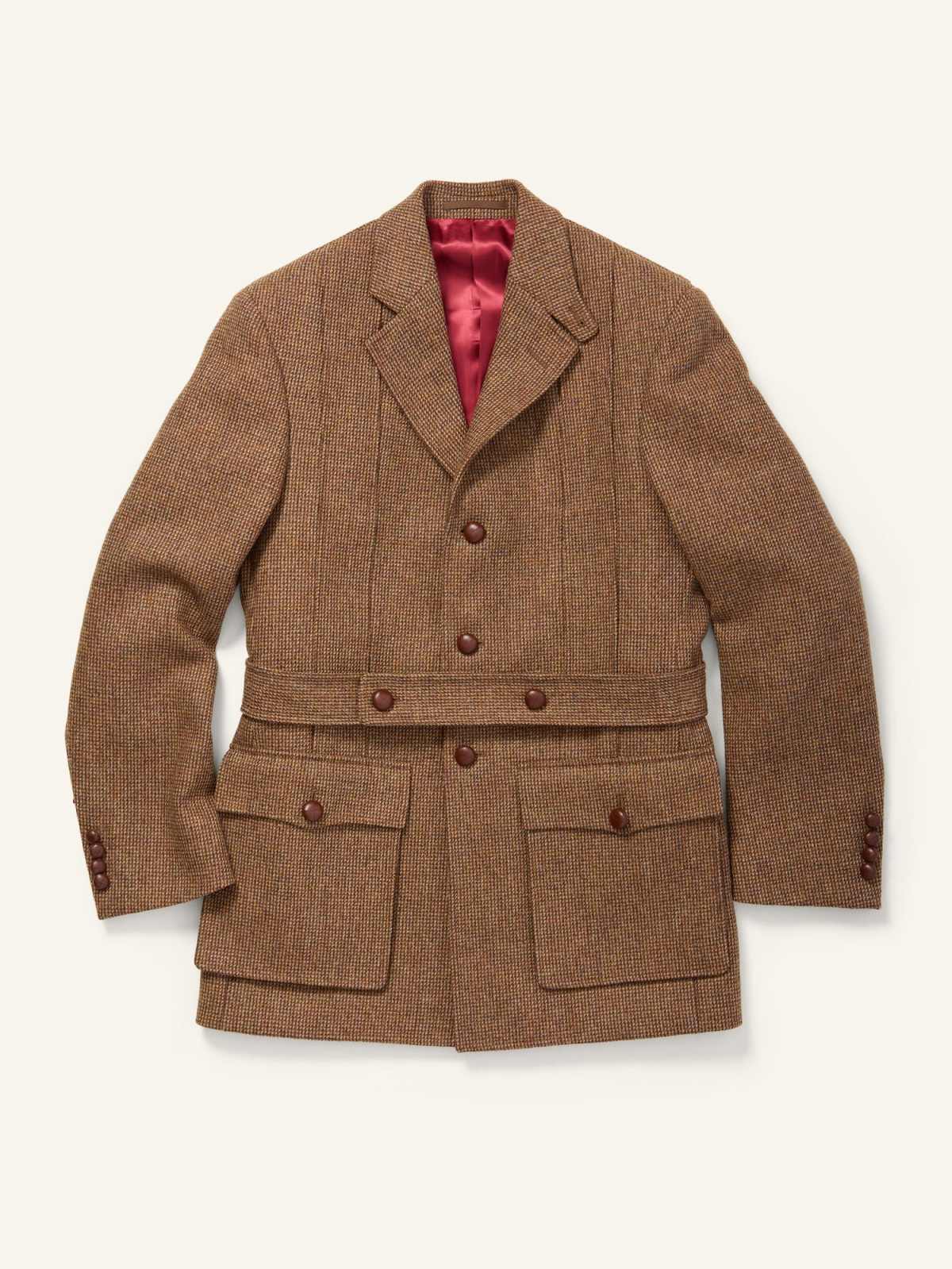 Men's Vintage Brown Tweed Safari Jacket, Detachable Belt Big Patch Pockets British Wool Casual Blazer