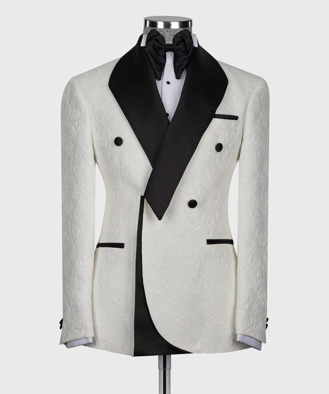 Men's White Embossed Jacquard Double Breasted Tuxedo Satin Shawl Lapel Wedding Suit Jacket