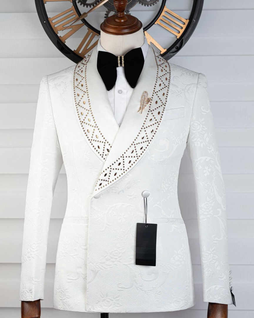Elegant Wedding Suits For Groom Shawl Lapel Double Breasted Rhinestone Tuxedos 2 Pcs Jacket Pants Party Prom Customized