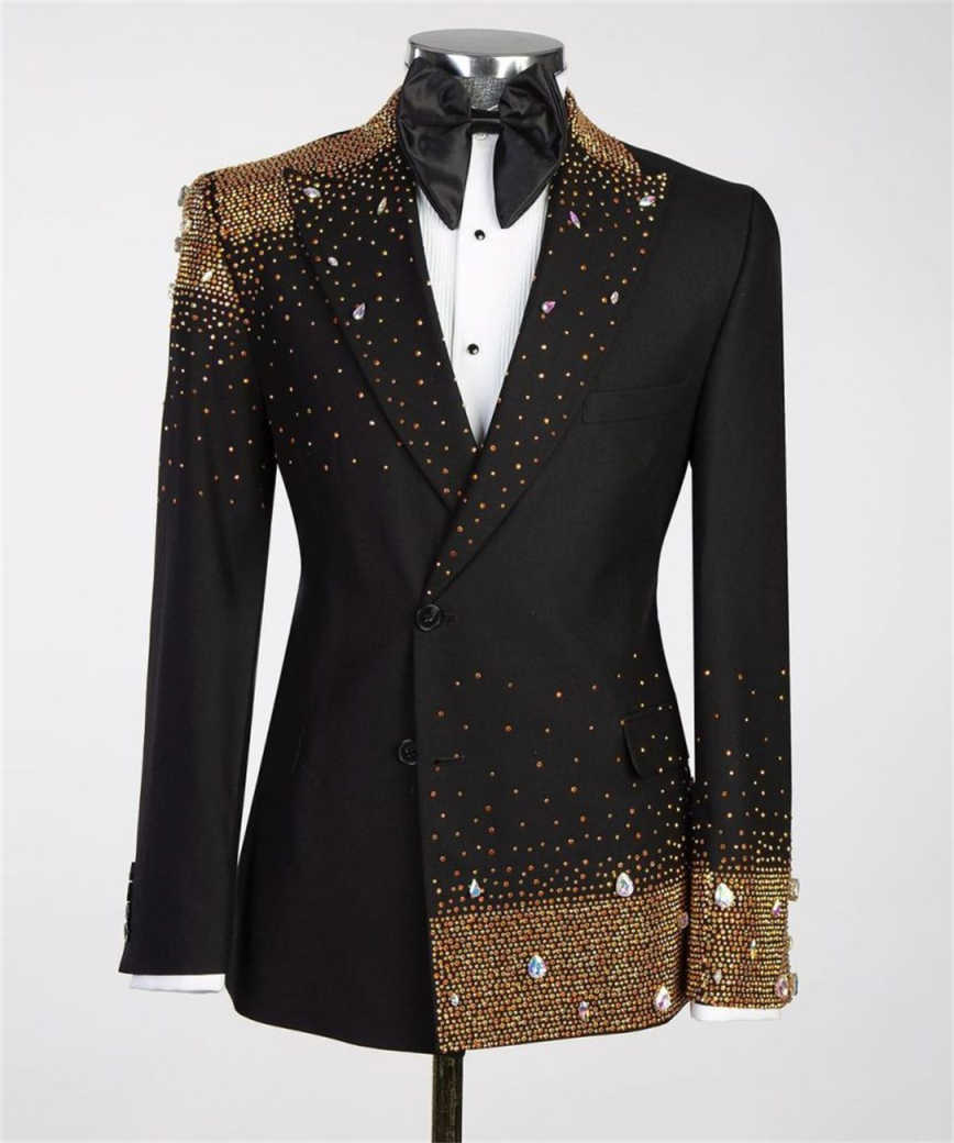 Men's Black Matte Tuxedo Jacket with Peak Lapel, Gradient Gold AB Rhinestones From Shoulder To Hem, Slim Formal Blazer for Groom Stage Banquet