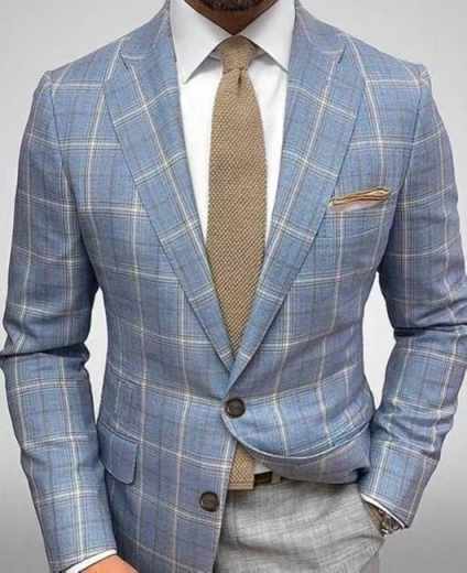 Men's Light Blue Plaid Linen Blazer Slim Fit Casual Business Suit Jacket