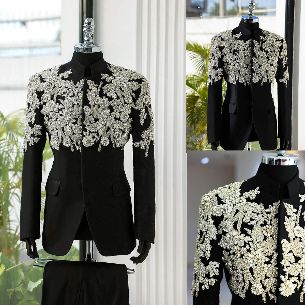 Men's Mandarin Collar Luxury Hand Beaded Floral Embroidered Tuxedo Wedding Suit Jacket