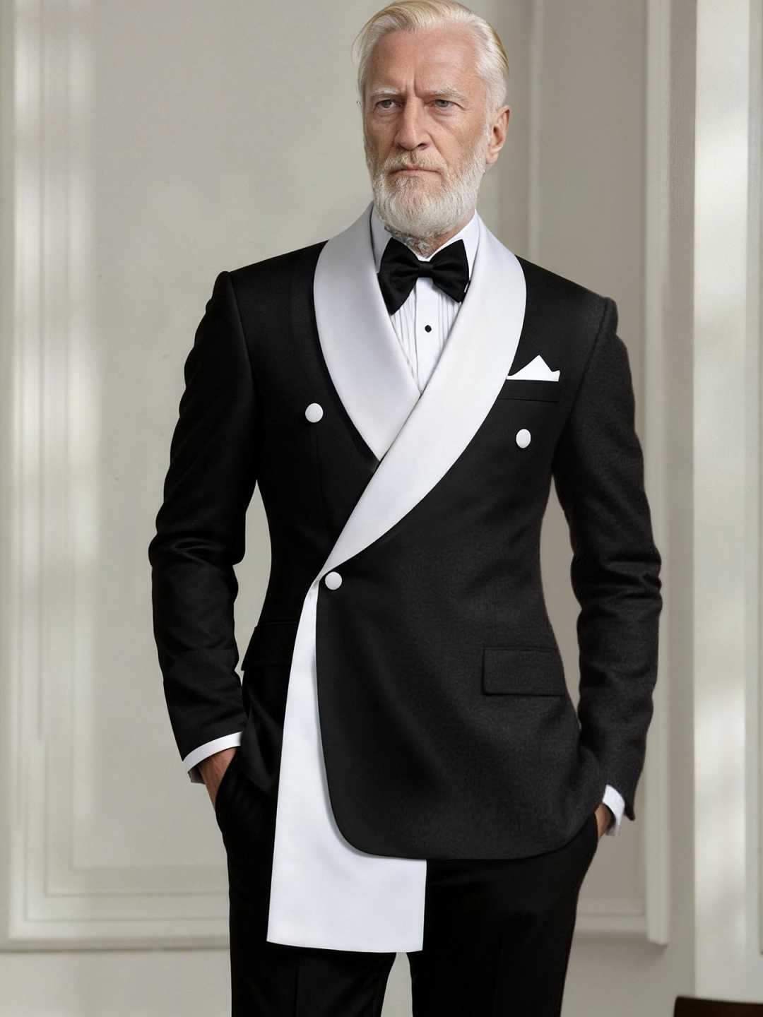 Men's Asymmetric Satin Shawl Lapel Double Breasted Tuxedo Black & White Formal Suit