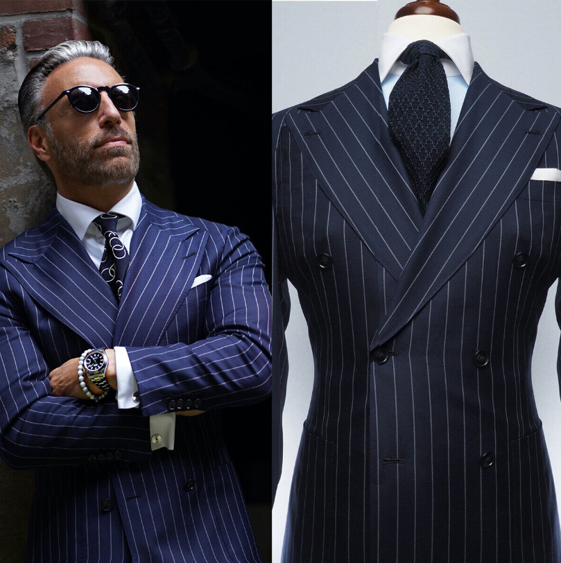 Men's Navy Chalk Stripe Double Breasted Suit 2 Piece Business Formal Suit