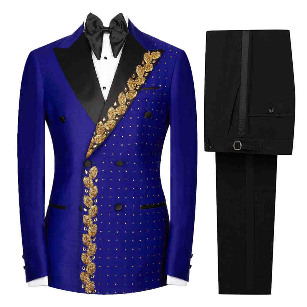 Men's Feather Embroidery Rhinestone Double Breasted Tuxedo 2 Piece Suit