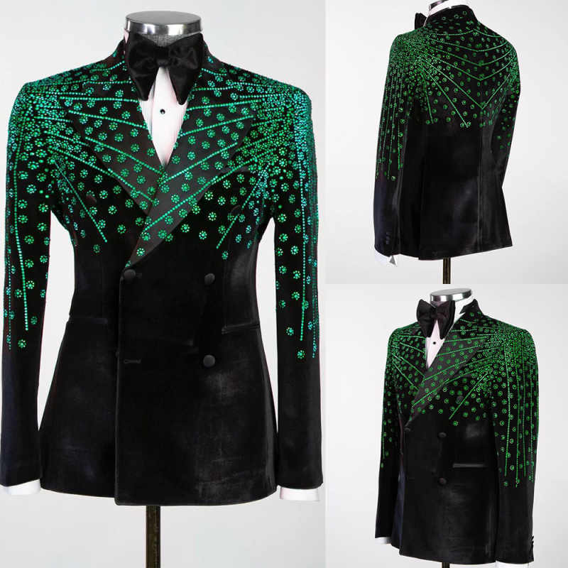 Men Suits Wedding Tailor-Made One Piece Peaked Lapel Double Breasted Beaded Velvet Blazer Groom Work Wear Customized Only Jacket
