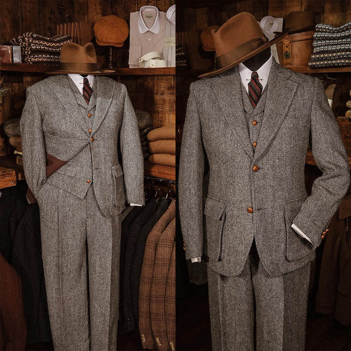 Men's Vintage Grey Herringbone Tweed 3 Piece Suit Wood Buttons Wide Notch Lapel