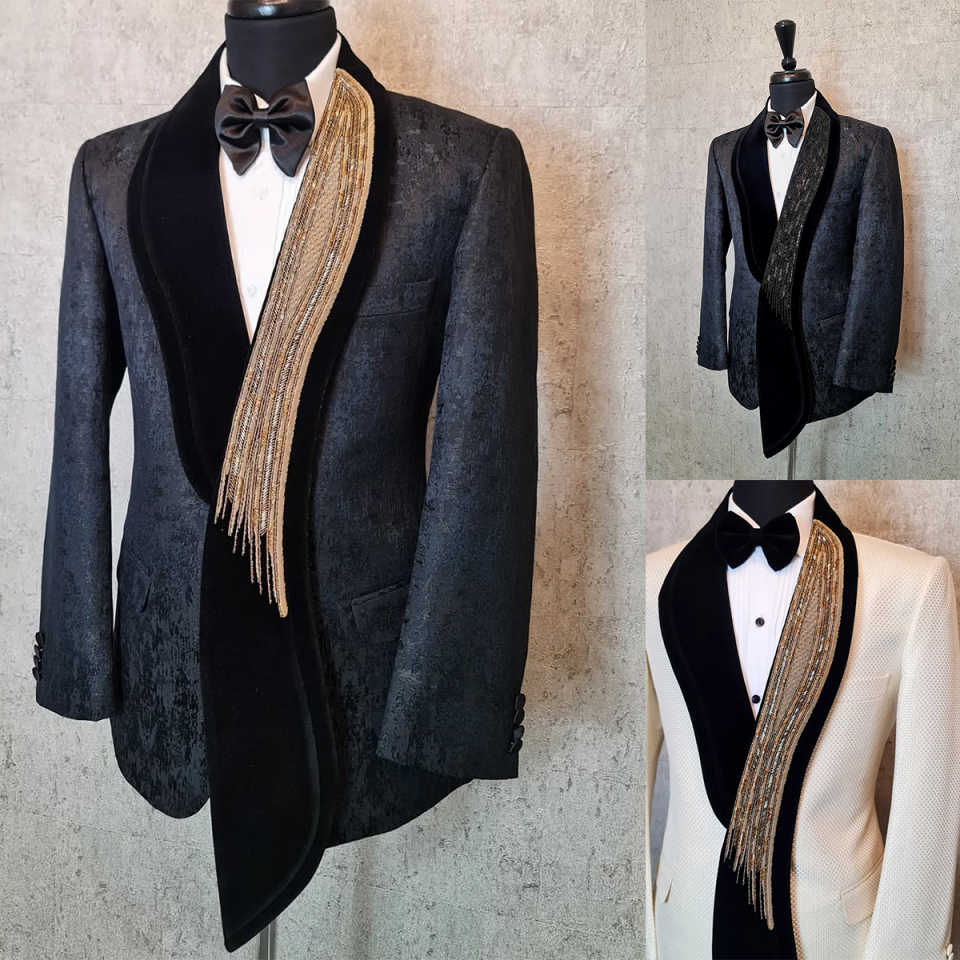 Men's Black Textured Jacquard Tuxedo Jacket with Scalloped Velvet Shawl Lapel, Gold & Black Handmade Fringe Rhinestone Formal Blazer for Wedding Stage Show