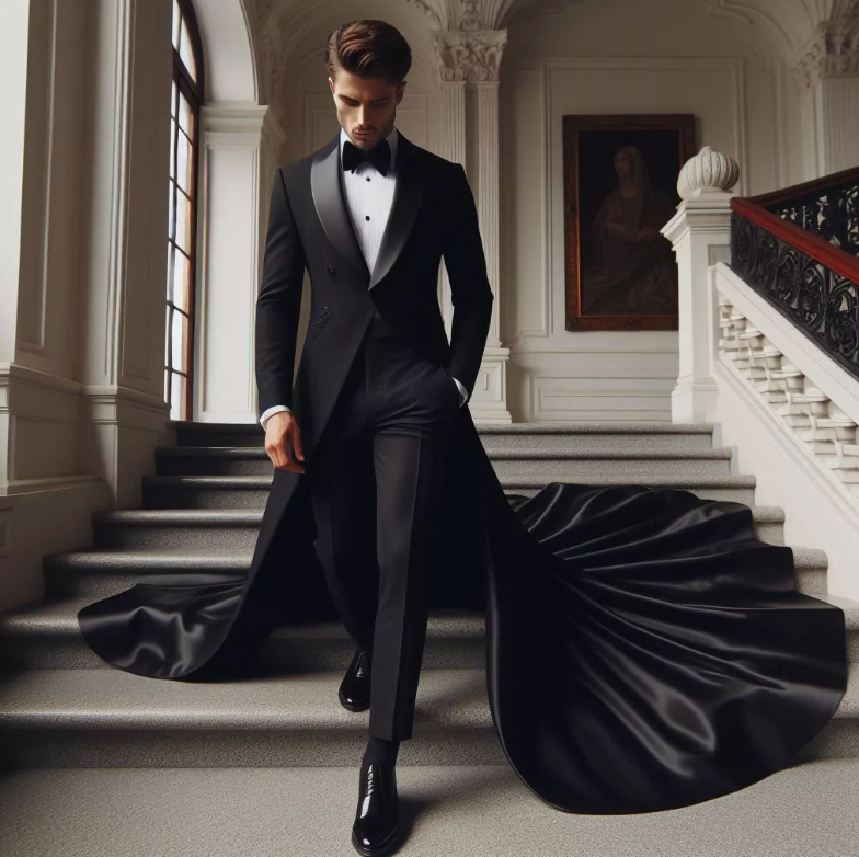 Men's Satin Long Train Tailcoat Tuxedo Peak Lapel Wedding Groom Stage Suit Jacket