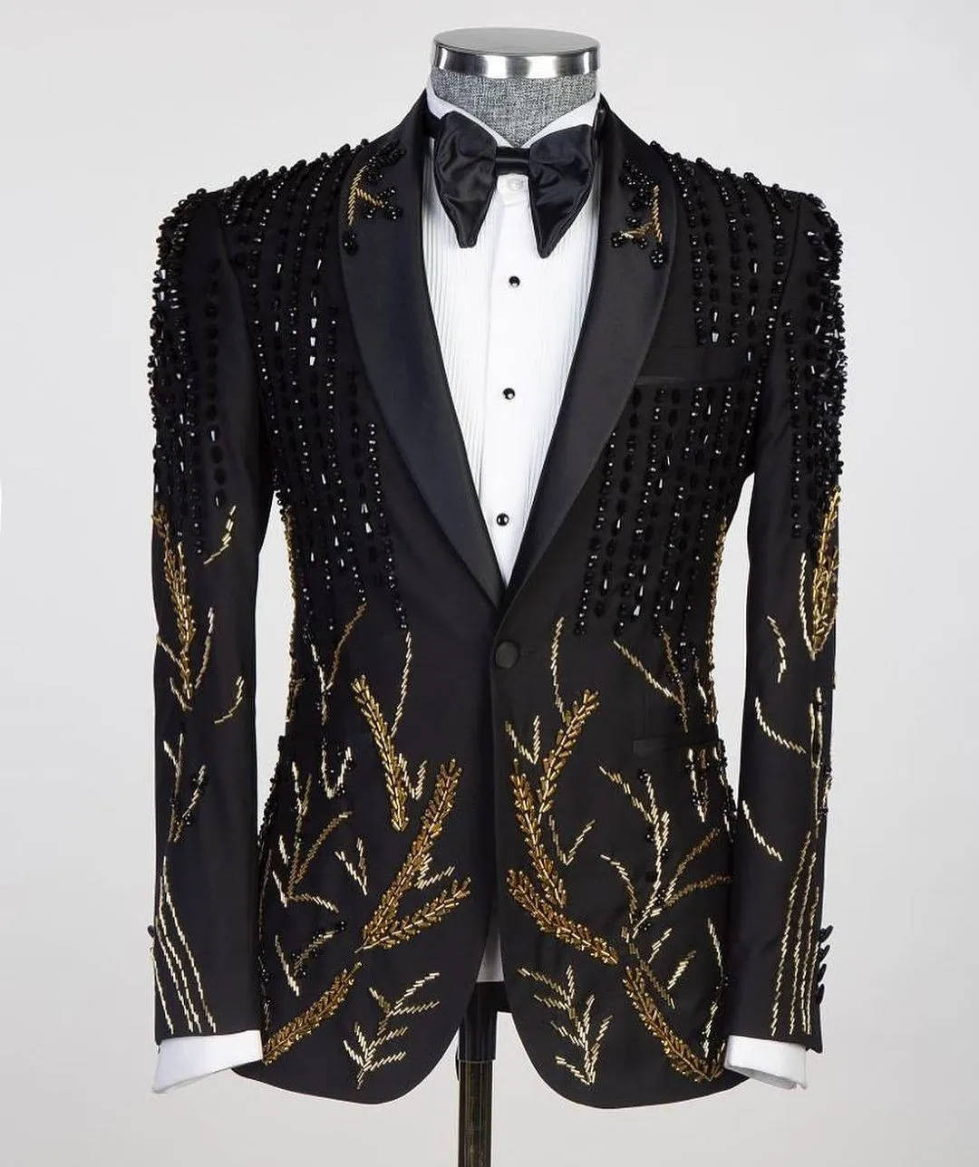 Mens 2 Pieces Wedding Suit with Black Gold Rhinestone Slim Fit Shawl Lapel Blazer Jacket Pants Set for Prom,Party