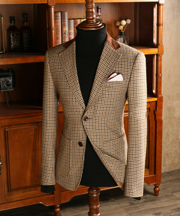 3 Pcs Men's Tweed Suit Retro Slim Houndstooth Blazer with Suede Patchwork Business Casual Jacket Vest Pants Sets