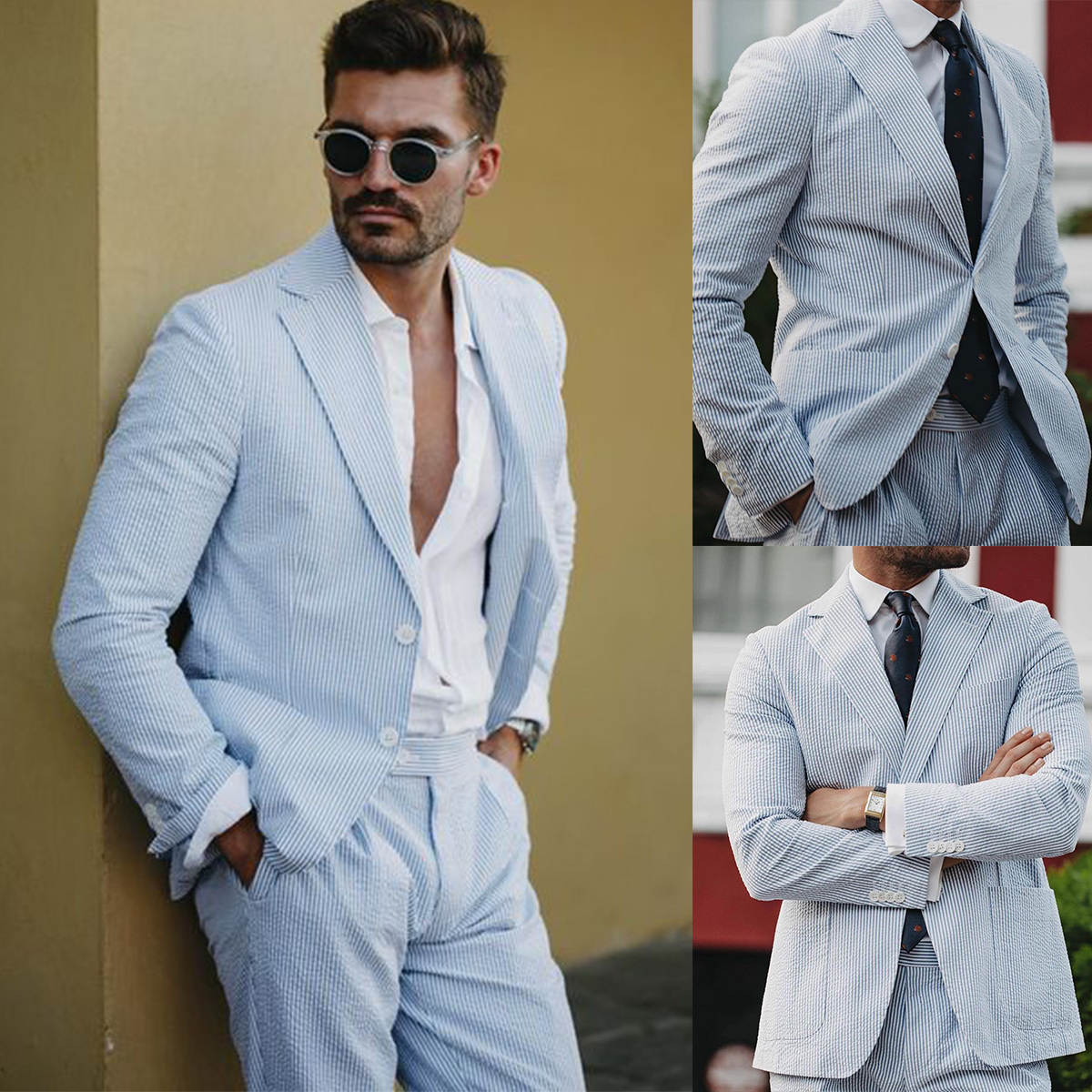 Men Blue White Striped Seersucker Suit Peak Lapel Slim Fit 2 Piece Jacket Pants Summer Beach Wedding Casual Business Suit Set