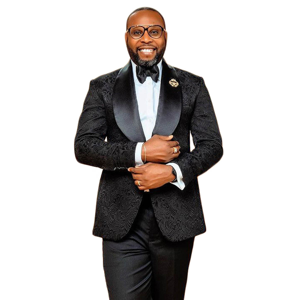 Men's Black Embossed Jacquard Tuxedo Suit, Satin Shawl Lapel Slim Formal Blazer & Trousers for Groom Hosting Banquet