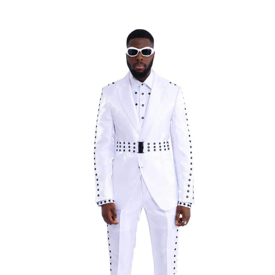 Customized Bling Mens Tuxedos Slim Fit White Peaked Lapel Groom Wedding Wear Jacket With Belt 2 Pieces Pants Sets