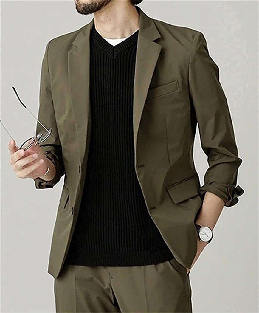 Men Olive Green Casual Suit Two Piece Slim Fit Lightweight Business Blazer Pants Set Daily Commuter Street Outfit