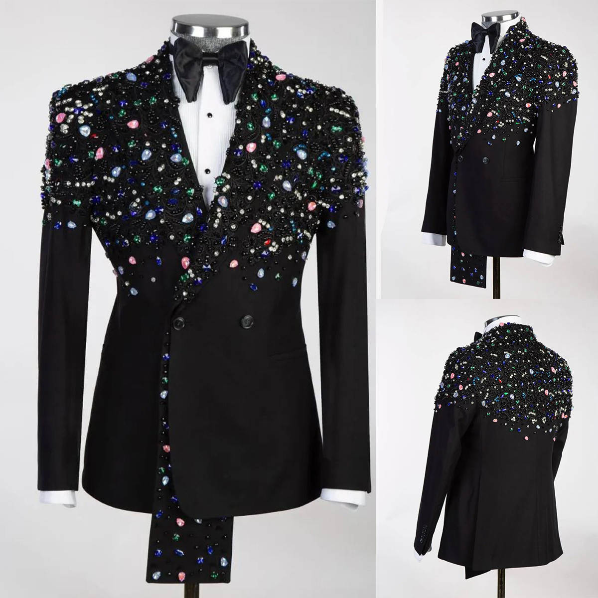 Glitter Crystals Men Wedding Tuxedos Double Breasted Peaked Lapel Pant Sets Classic Fit Prom Male Party Customized 2 Pieces