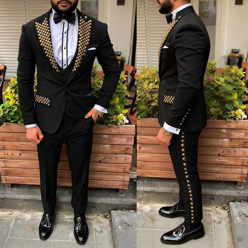 Men Black 3 Piece Tuxedo with Gold Square Studs Lapel Slim Fit Wedding Party Stage Formal Suit