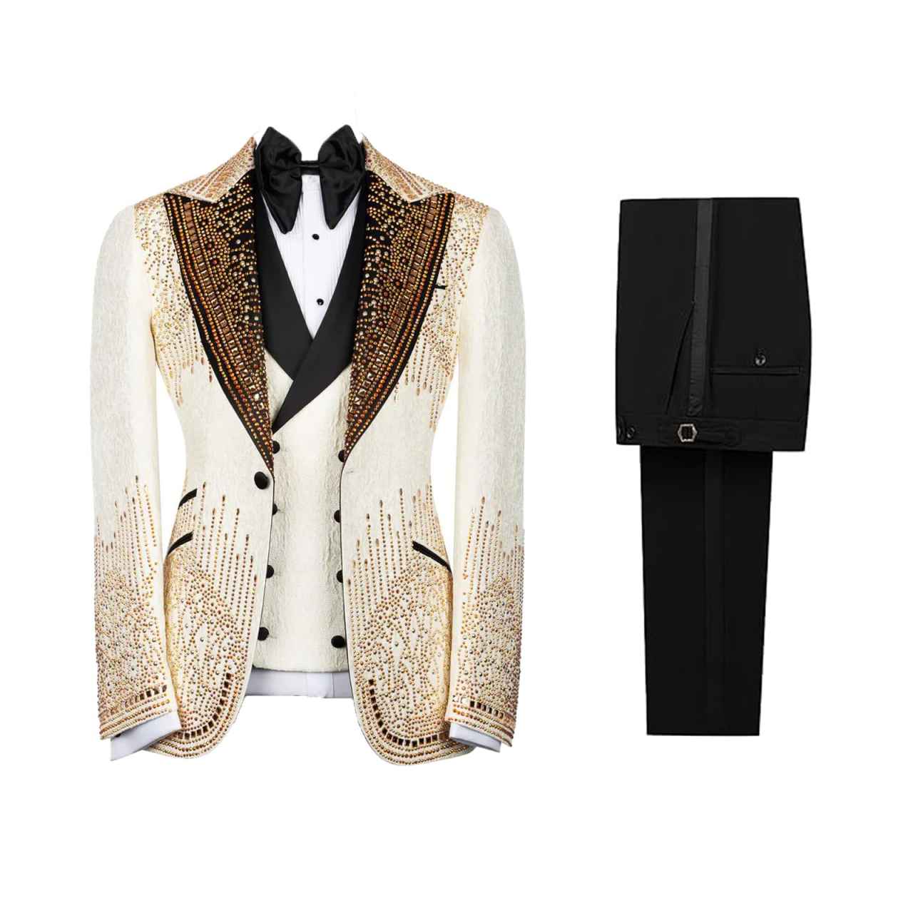 French style Shiny Beadwork Men Suits Slim Fit Peak Lapel Groom Wedding Tuxedos Male Prom Blaers 3Pieces Sets trajes para hombre