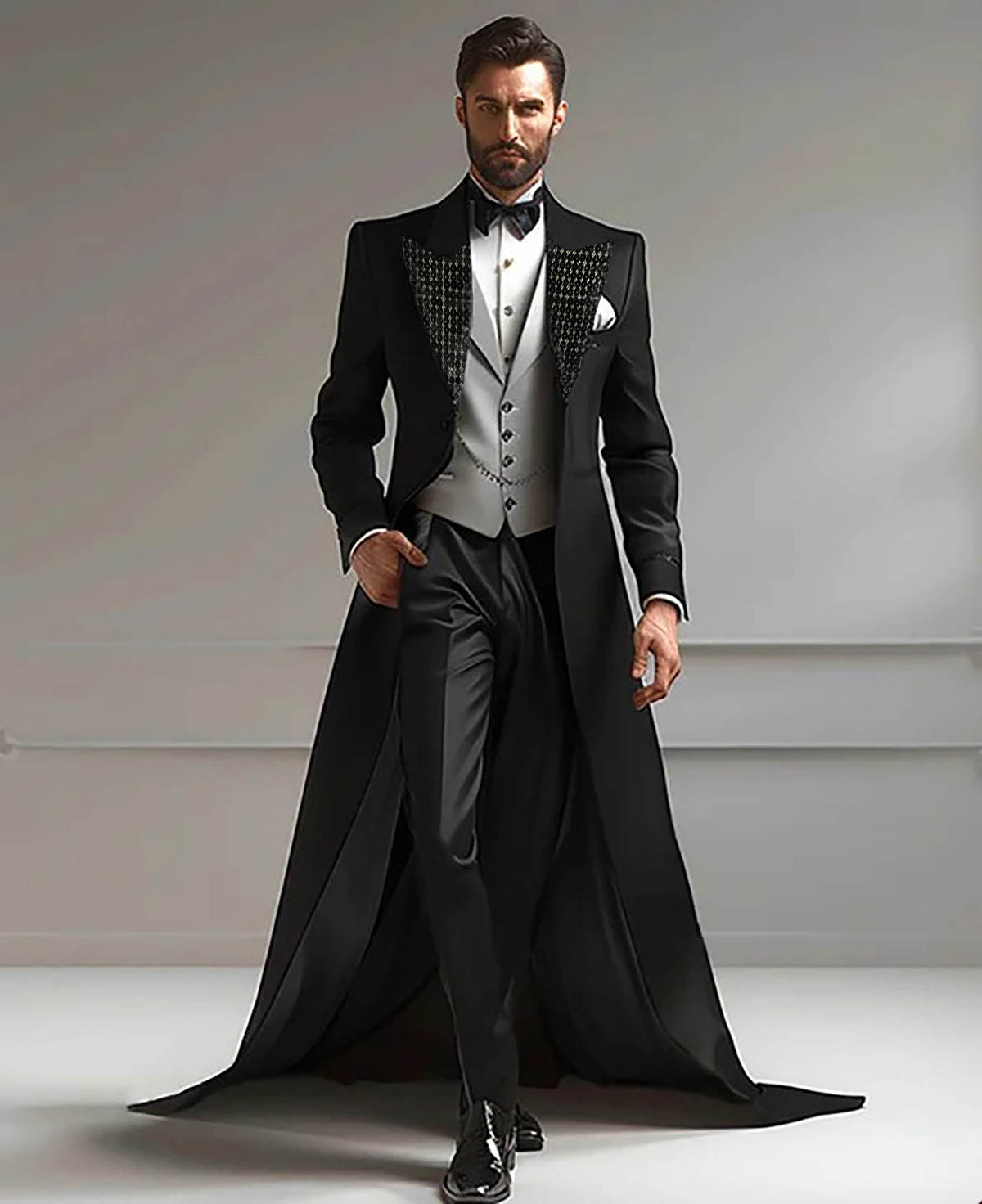 Men's Long Train Tuxedo 3-Piece Suit, Rhinestone Peak Lapel Slim Tailcoat for Groom Wedding Stage Show