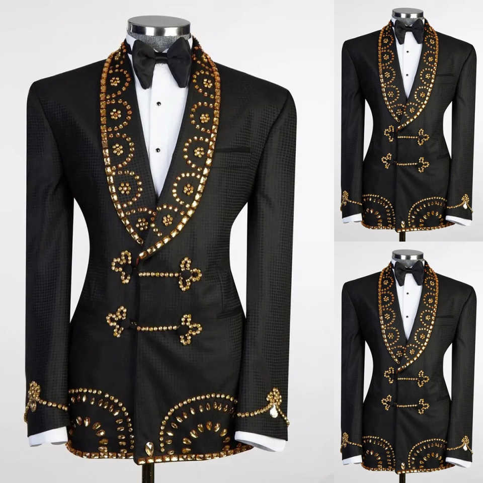 Handsome Wedding Tuxedos Rhinestone Beaded Double Breasted Men Suit Shawl Lapel 1 Piece Set Jacket Groom Blazers Customized