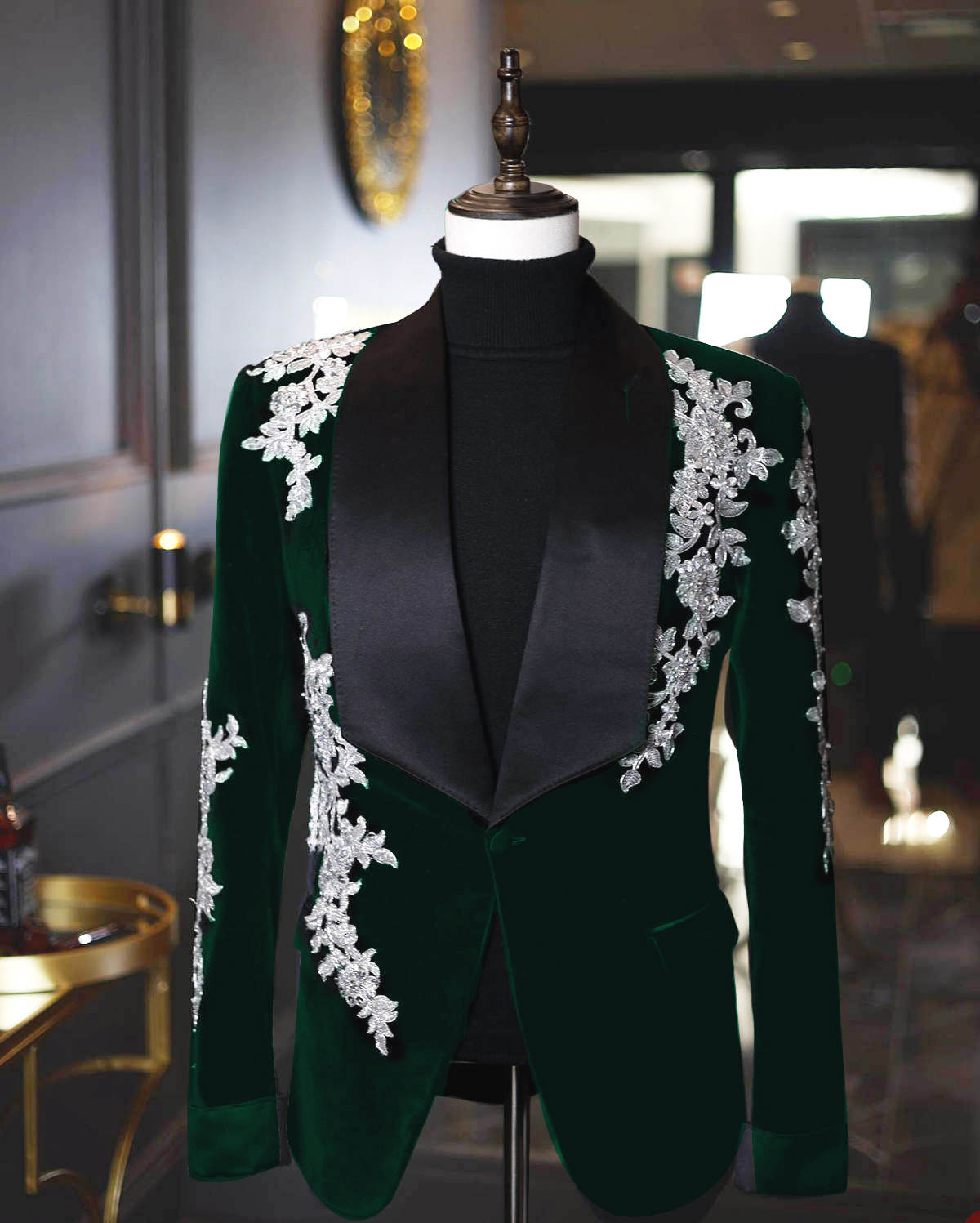 Luxury Dark Green Velvet Tuxedo Jacket, Handmade Silver Floral Rhinestone Embroidery Shawl Lapel Slim Fit Suit for Groom Wedding Host Gala Party