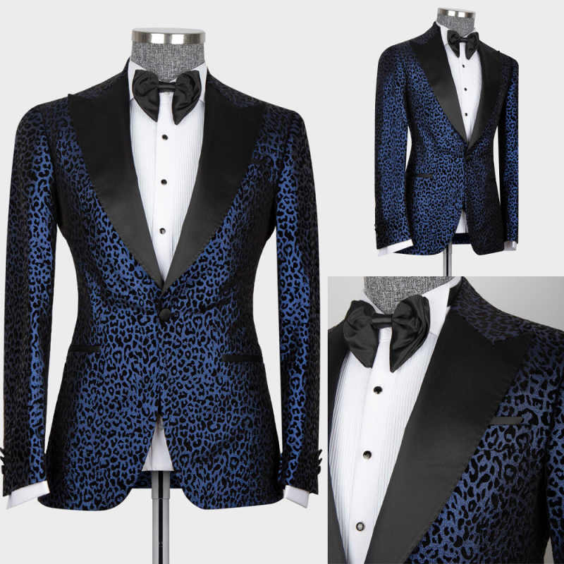 Navy Blue 2Pcs Fashion Single Button Peak Lapel Leopard Print Wedding Suits For Men Party Tuxedos Slim Fit Customized