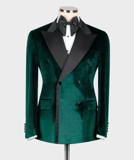 Men's Double Breasted Velvet Tuxedo Blazer In Black & Emerald Green, Wide Satin Peak Lapel Slim Formal Jacket For Wedding Banquet Stage