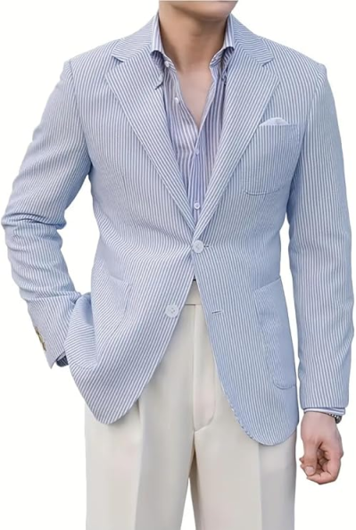Men's Light Blue White Seersucker Stripe Single Breasted Blazer, Notch Lapel Thin Breathable Summer Light Business Sport Coat