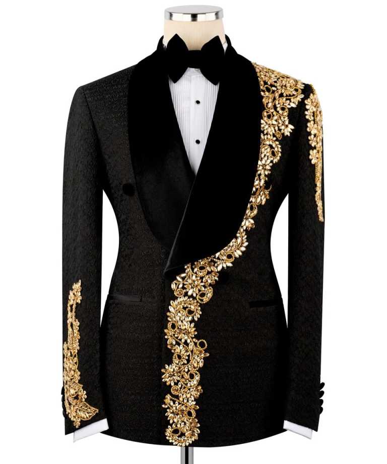 Men's Black Jacquard Tuxedo Jacket with Velvet Shawl Lapel, Gold & Silver Floral Rhinestone Embroidery Formal Blazer for Groom Stage Performance