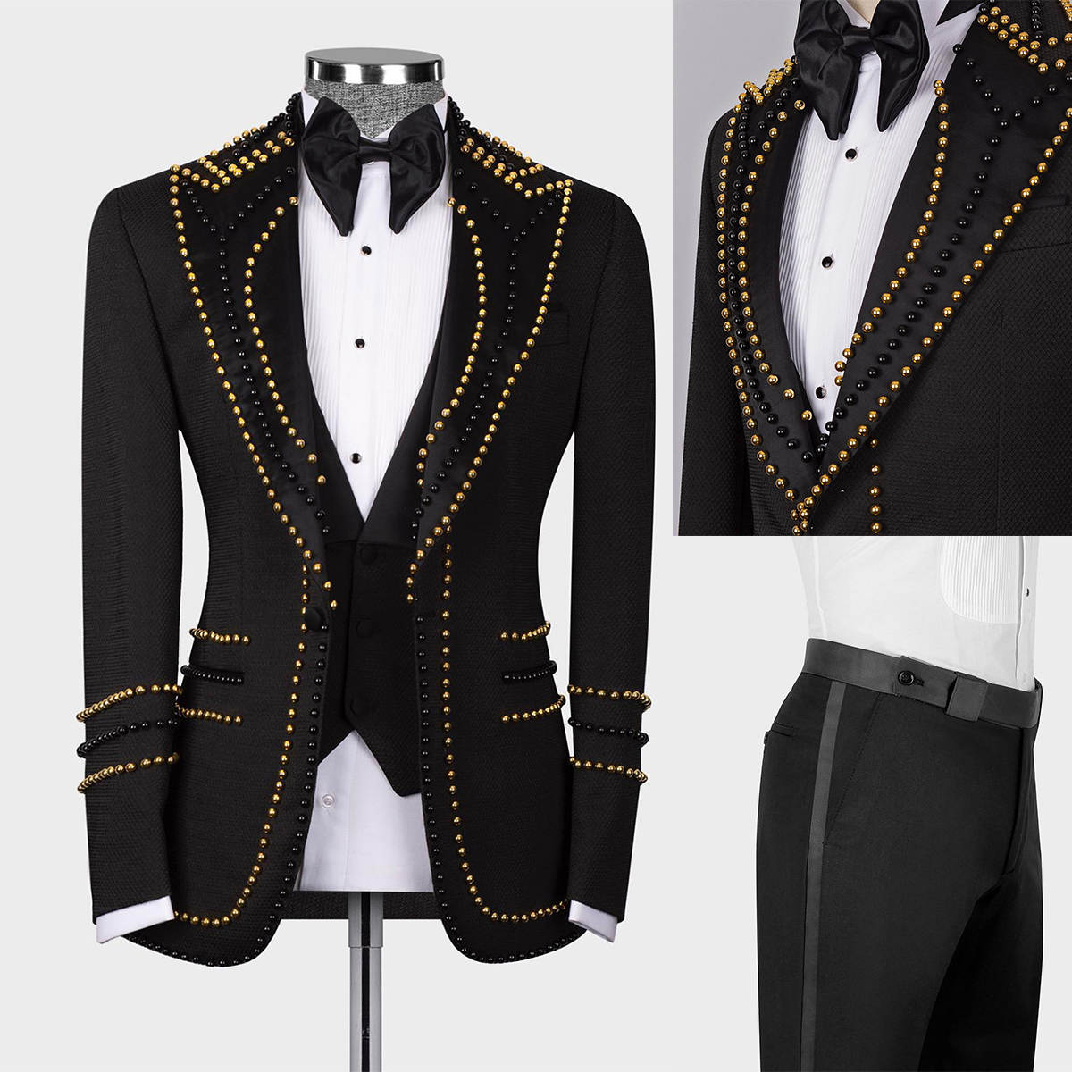 Men's 3-Piece Black Textured Tuxedo Suit, Shawl Lapel Gold & Black Round Beads Embroidery Matching Waistcoat & Satin Stripe Trousers