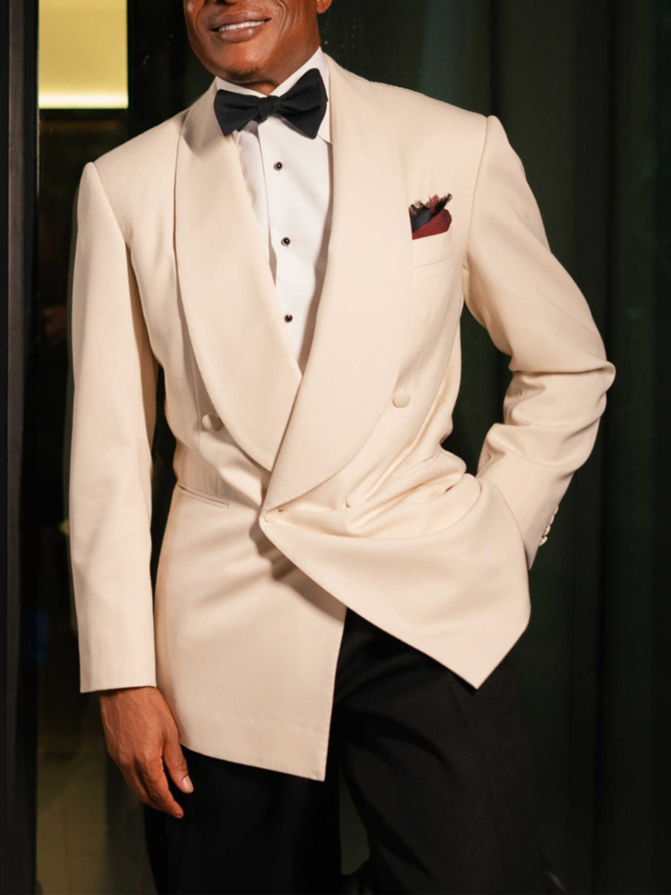 Men Cream Double Breasted Tuxedo Shawl Lapel Formal Suit Jacket Wedding Gala Dinner Blazer with Black Pants